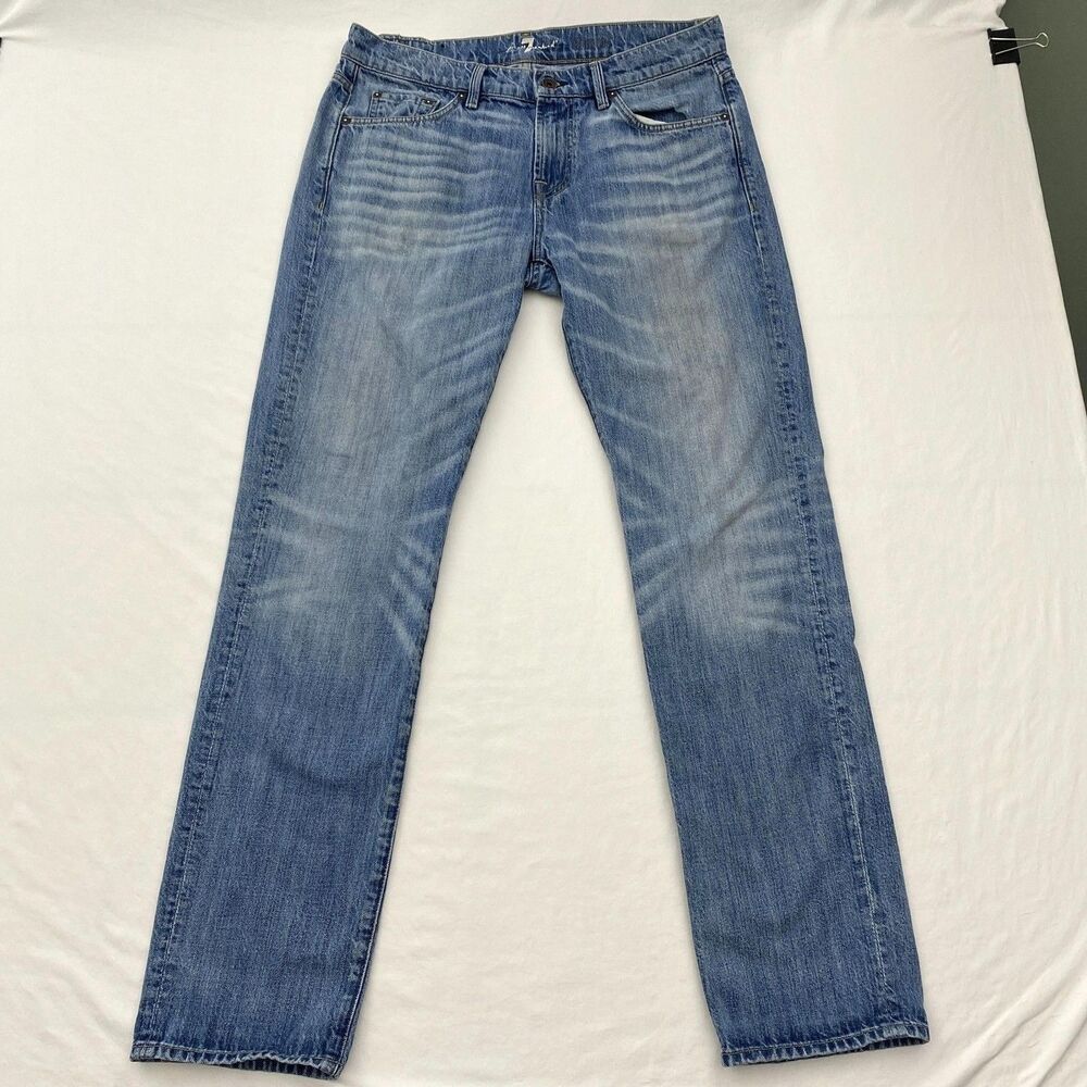 7 For All Mankind Slimmy Straight Jeans Mens 34x31 Blue Denim Whiskered